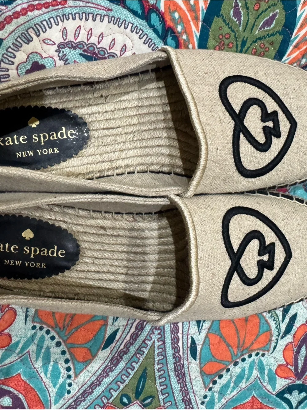 kate spade beige espadrille flats with black stitched heart